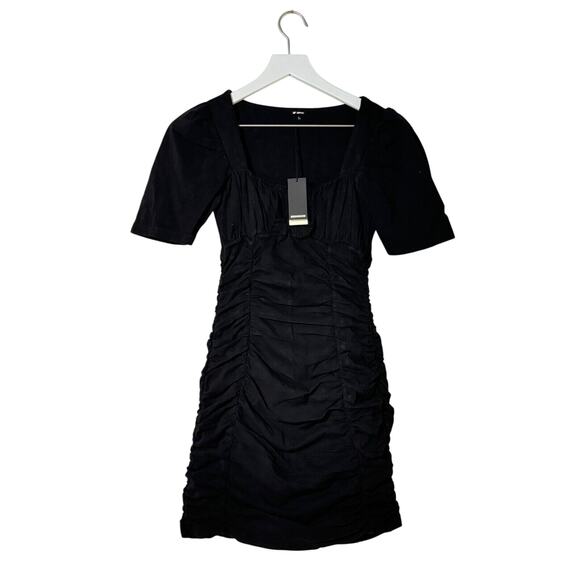 Monrow Shirred Mini Dress Black Square Neck Fitted NWT Cotton Blend Small - Picture 6 of 9